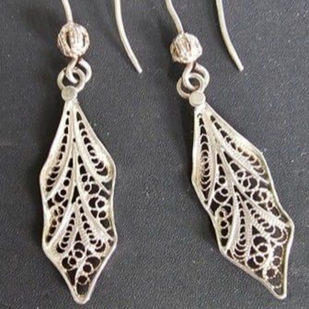 Silver Filigree Leaf Dangle Earrings, Stamped 800 (80% Purity)